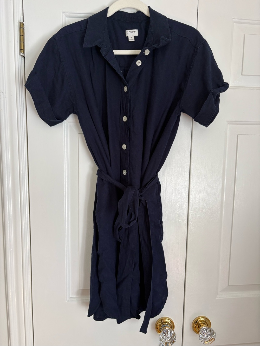 J. Crew Factory Navy Button-Front Shirt Dress with Waist Tie